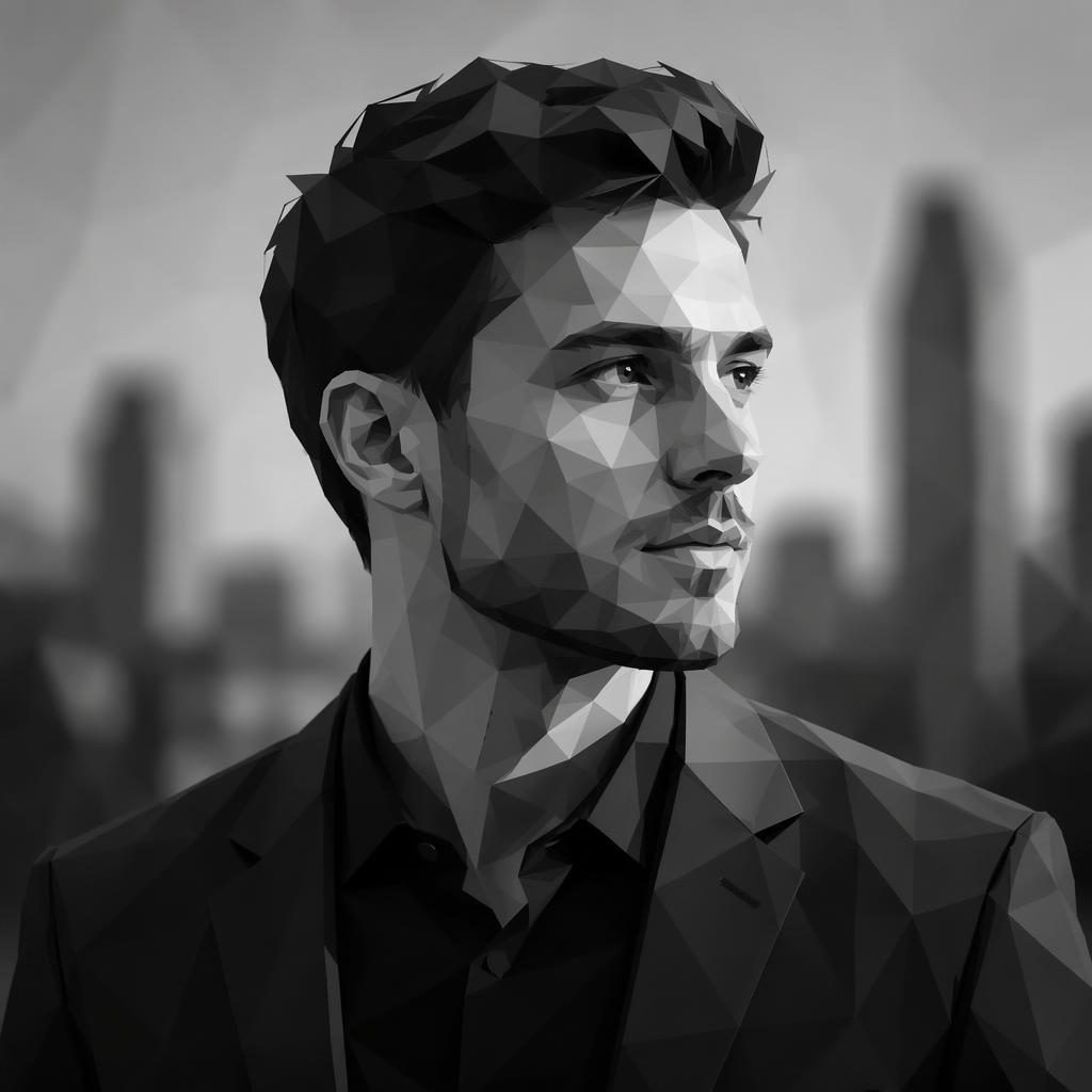 Centered low-poly geometric human portrait in monochrome tones with a serious professional expression and blurred background.
