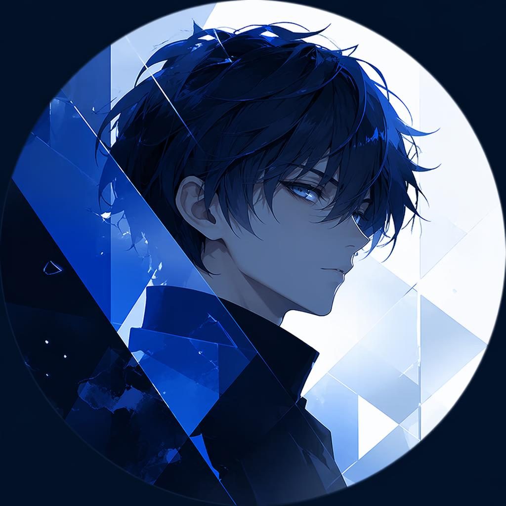 Avatar abstrait anime géométrique en palette bleue, visage stylisé centré, fond blanc transparent, cadrage net