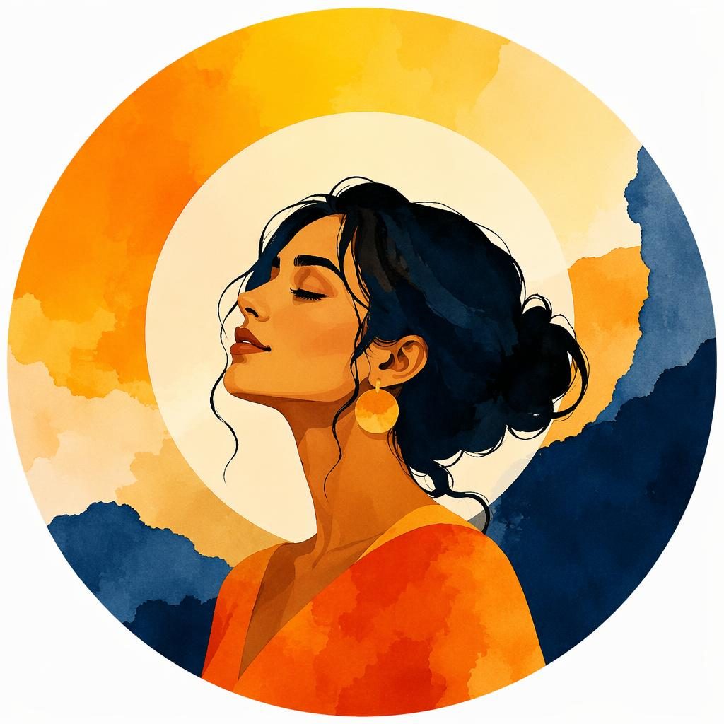 Abstract geometric watercolor portrait avatar with warm tones, bold contrast, centered on a solid background.