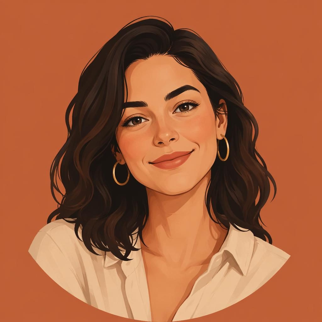Retrato humano centrado en ilustración plana, paleta tierra cálida, fondo liso y encuadre limpio tipo avatar.