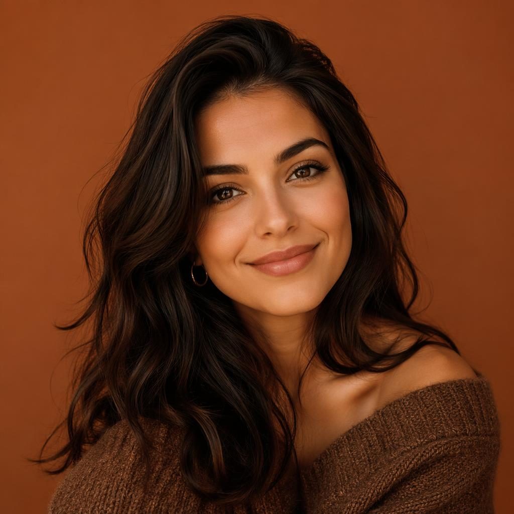 Centered AI-generated human portrait avatar with warm earth tones, solid background, and clean editorial styling.