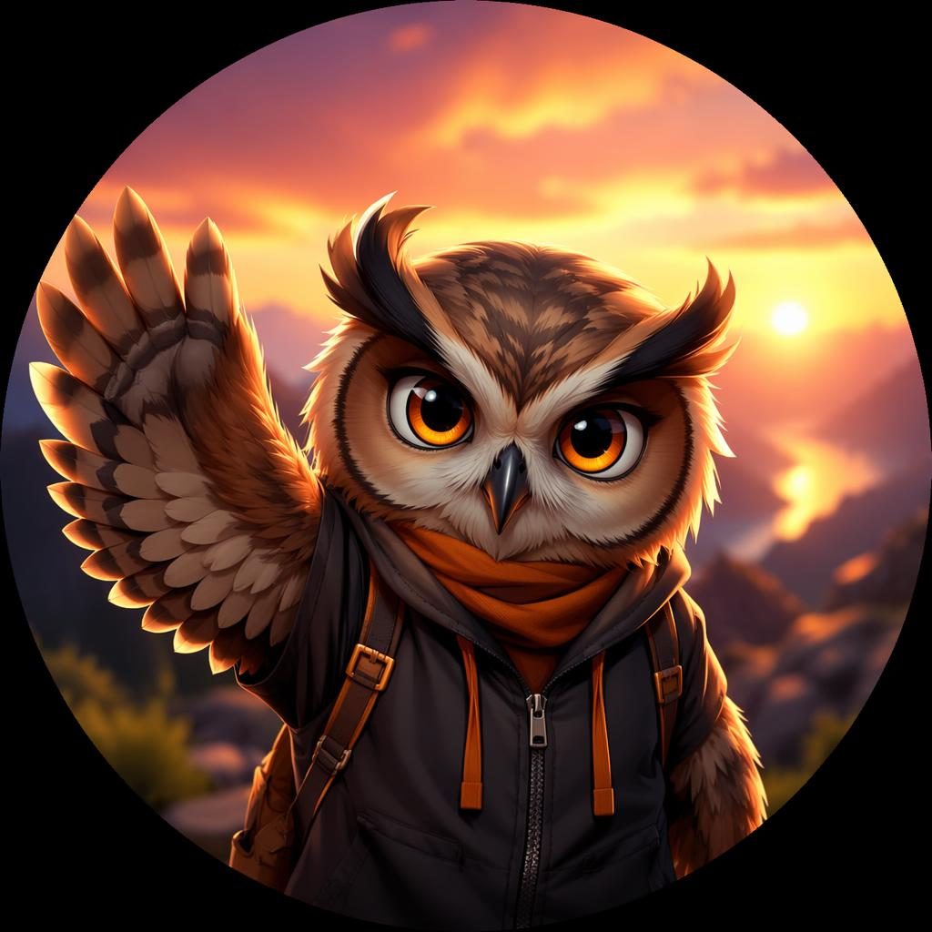 Avatar de criatura mascota estilo anime, centrado, expresión seria, fondo degradado al atardecer y escena desenfocada.
