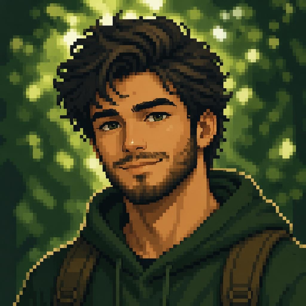 Centered retro pixel art human portrait avatar with a confident friendly expression, forest green tones, and soft bokeh.
