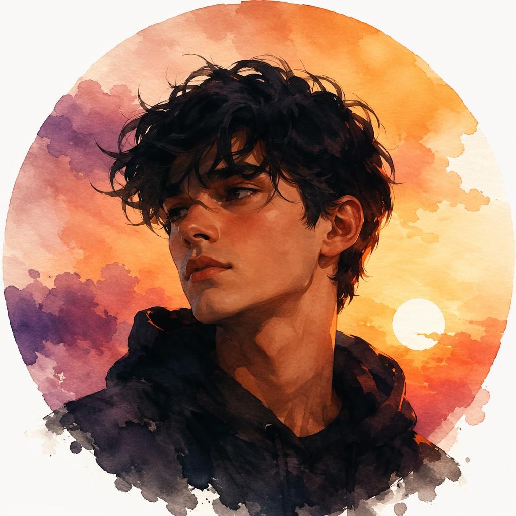 Retrato ilustrado en acuarela de personaje estilizado, centrado, con tonos de atardecer y fondo blanco etéreo.