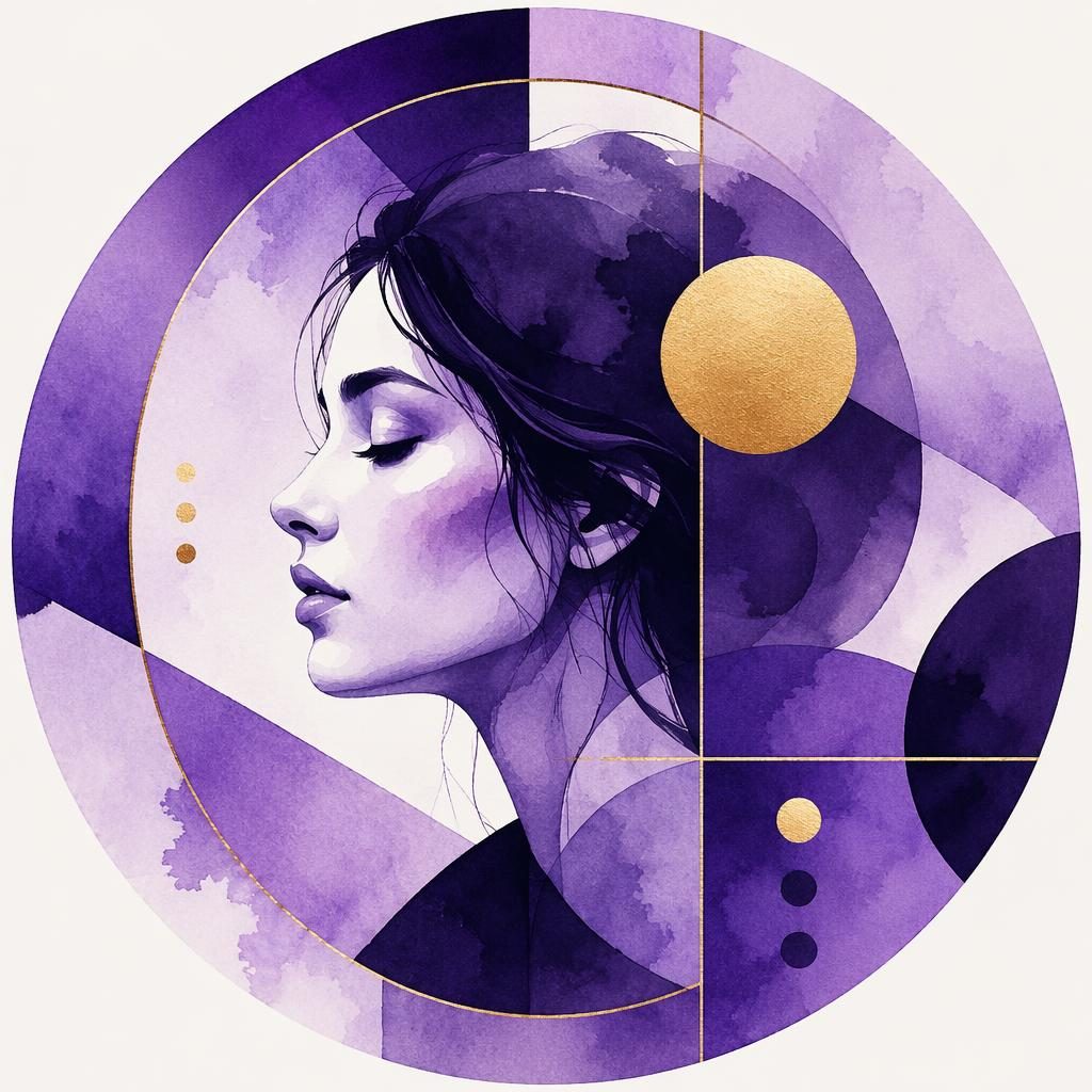 Abstract watercolor portrait avatar in royal purple with geometric shapes, centered composition, clean minimal profile picture