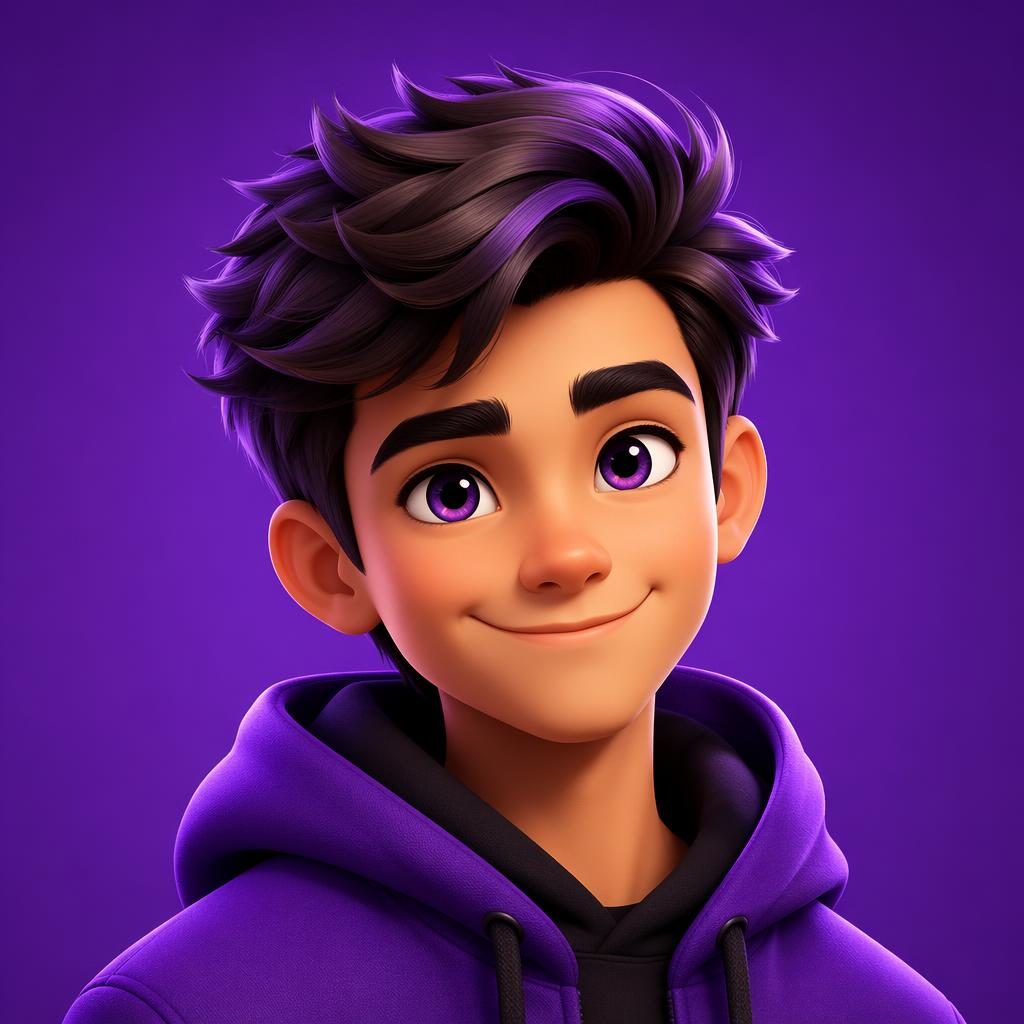 Polished social-media avatar / profile picture, stylized character, 3D pixar-style, warm welcoming mood, royal purple pa