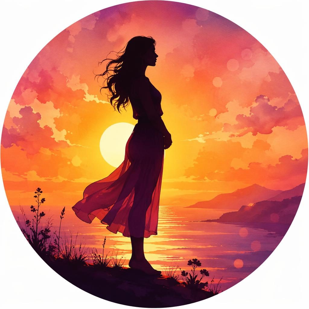 Avatar ilustrado en acuarela de una silueta de mujer de perfil cuerpo completo, centrado, con fondo degradado al atardecer.