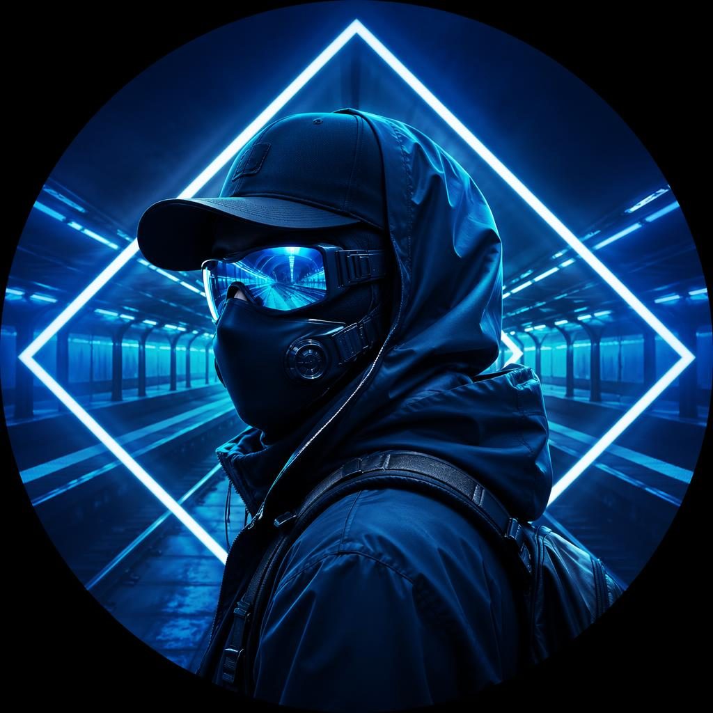 Avatar ilustrado estilo cyberpunk en tonos azules, personaje centrado con patrón geométrico y fondo limpio minimalista.