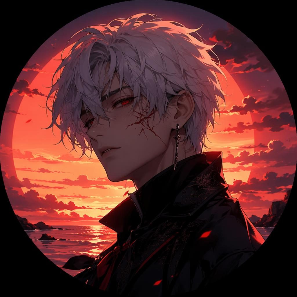 Centered anime-style avatar with a mysterious expression, sunset gradient background, and clean white transparent feel.