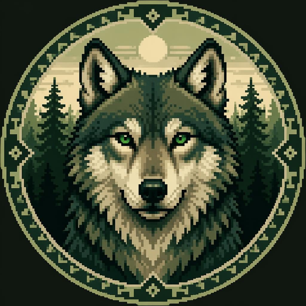 Centered animal avatar in retro pixel art with a forest green palette, geometric pattern background, and calm minimal mood.