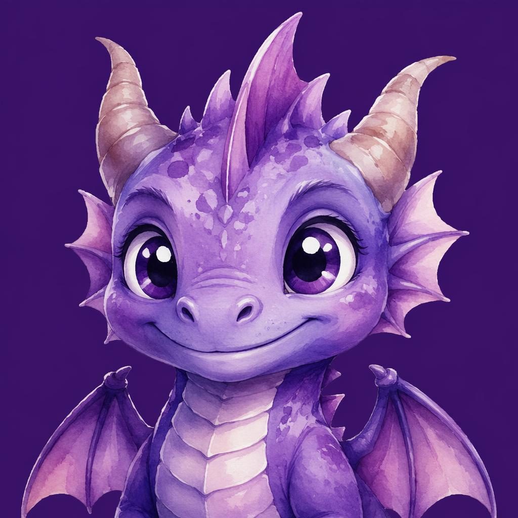 Portrait aquarelle d’une créature mascotte violette, centrée sur fond uni, cadrage net pour photo de profil.