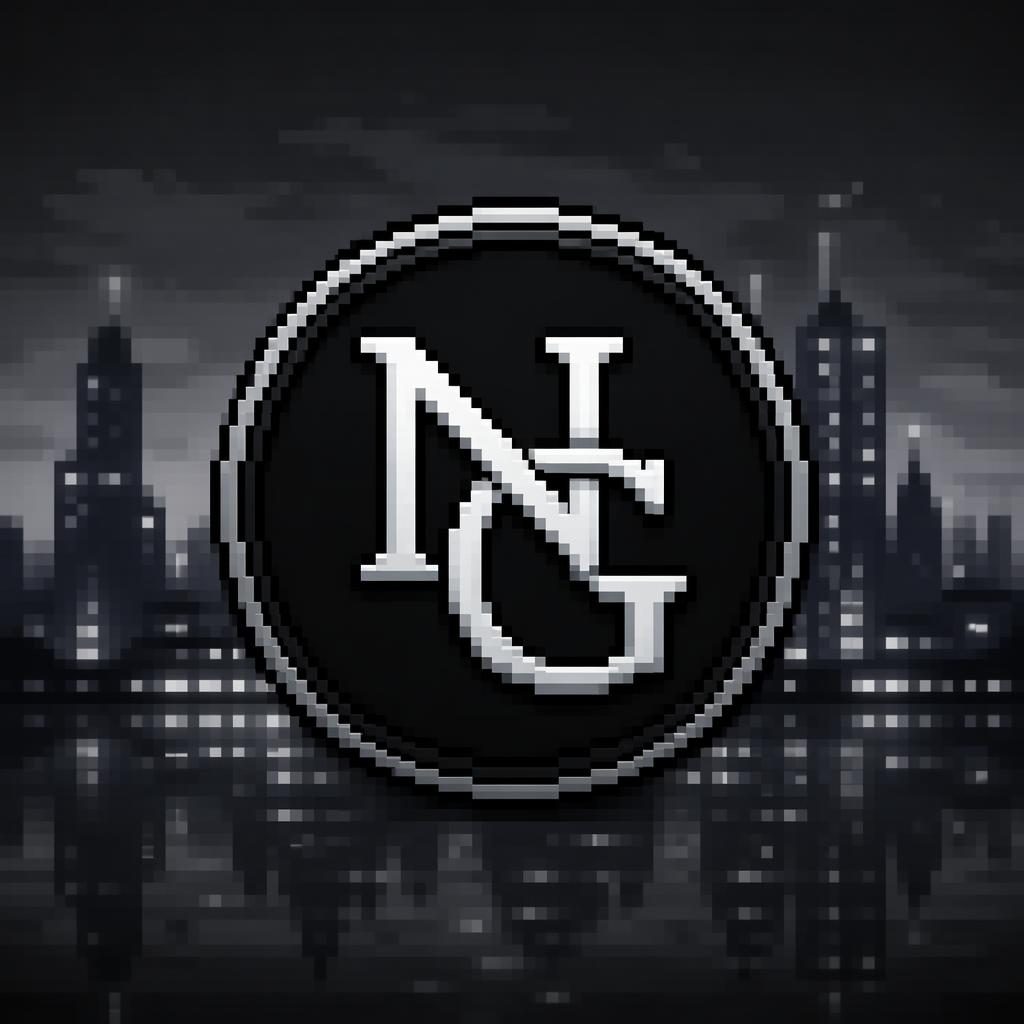 Avatar centrado con monograma en pixel art retro, paleta monocroma, fondo desenfocado y estilo profesional serio.
