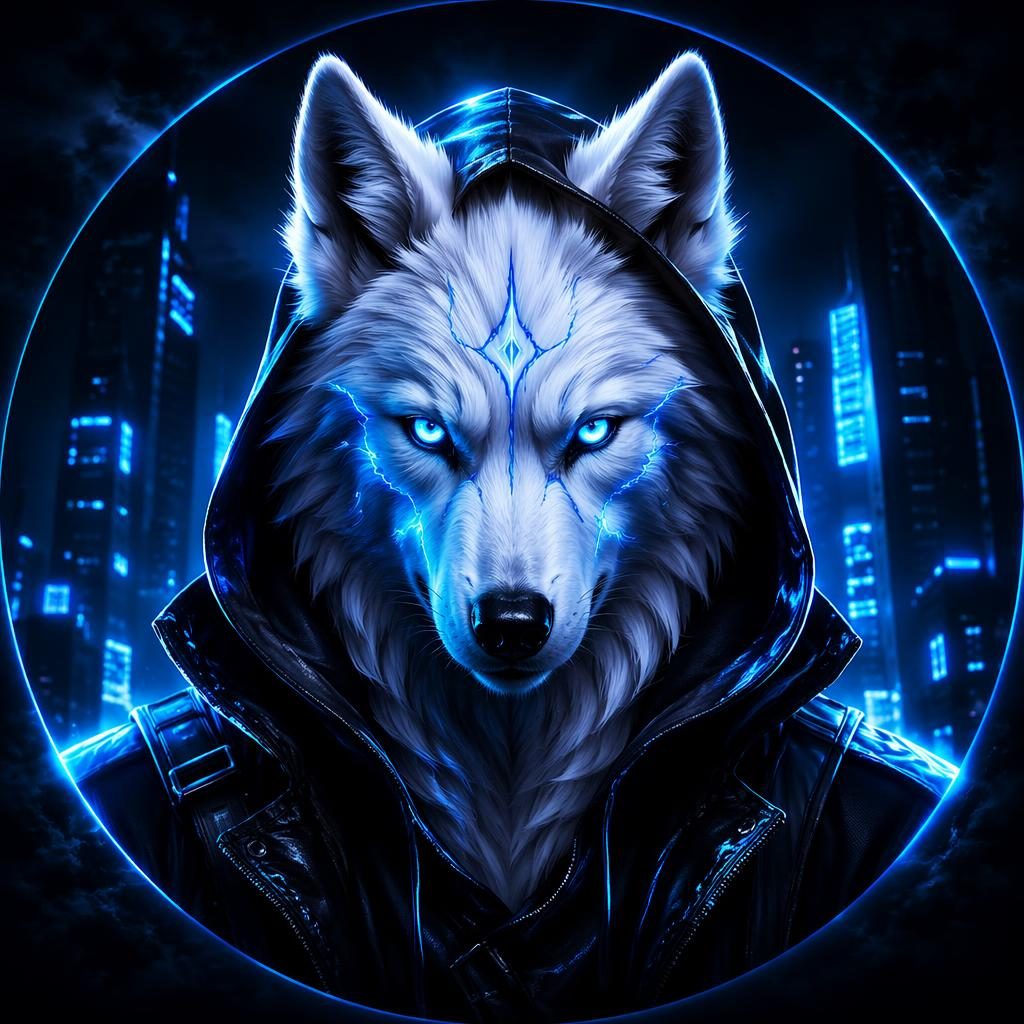 Mascotte créature cyberpunk bleue au centre, rendu net, ambiance mystérieuse, fond blanc translucide