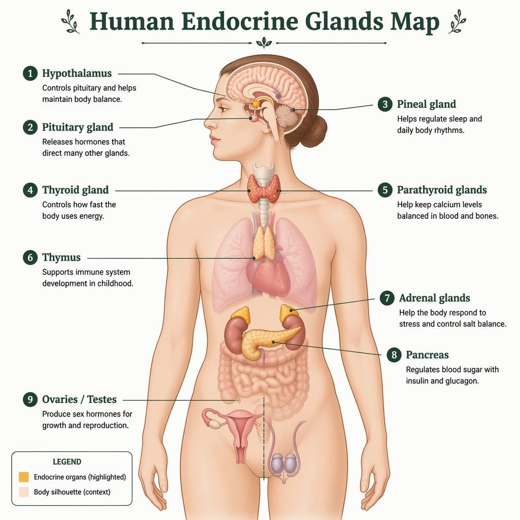 Front-view human endocrine glands infographic with 9 labeled organs, thin leader lines, and a green flat anatomy style.
