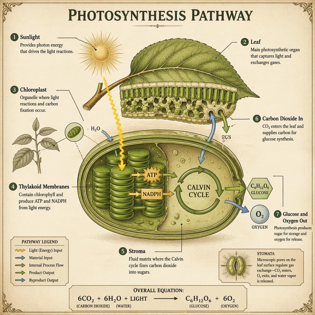 Vintage botanical infographic of the photosynthesis pathway in a leaf and chloroplast with labeled inputs, outputs, and structures.