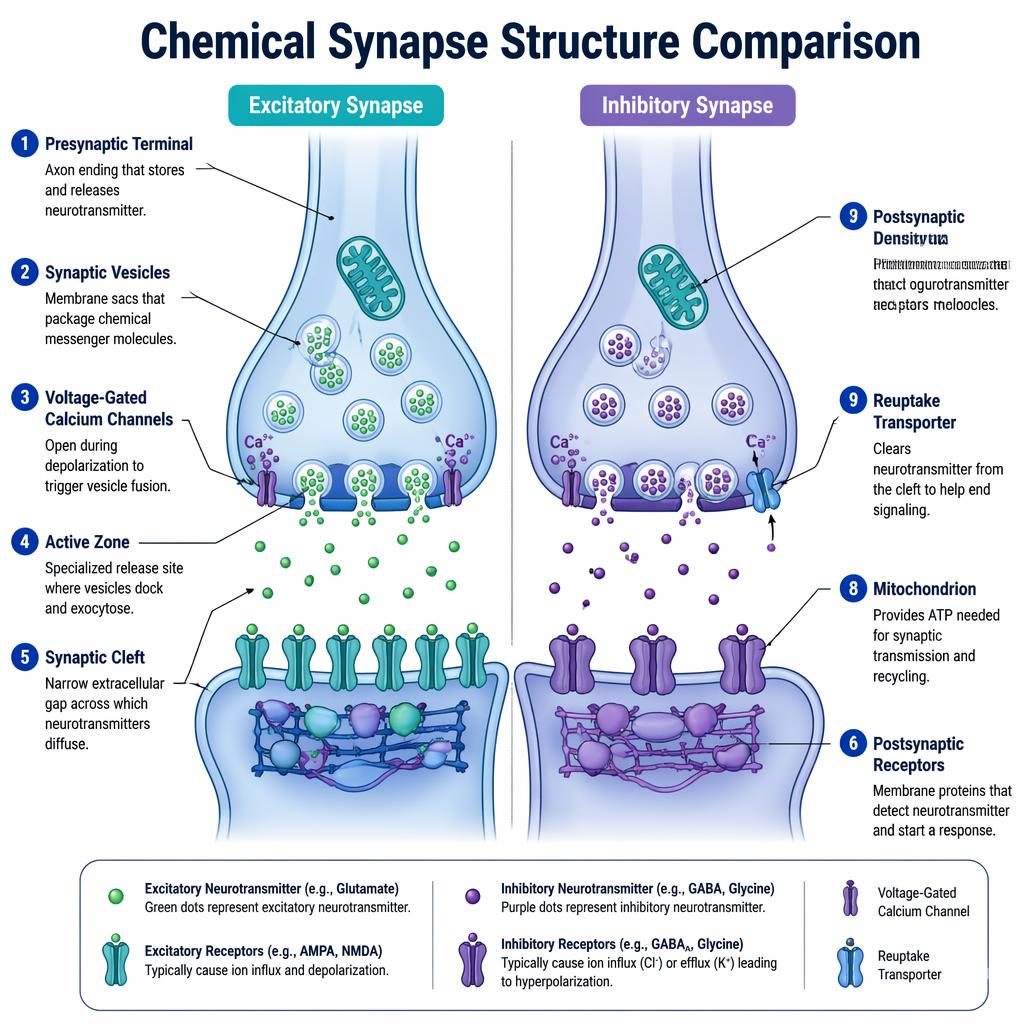 Side-by-side biological infographic comparing excitatory and inhibitory synapses with 9 labeled parts and blue vector styling.