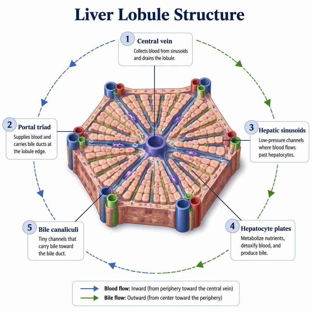 Isometric 3D liver lobule infographic with labeled central vein, portal triad, sinusoids, hepatocyte plates, bile canaliculi