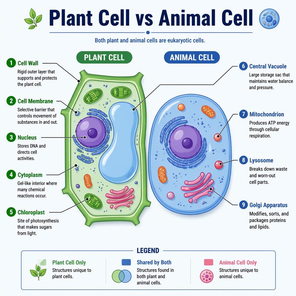 Side-by-side plant and animal cell infographic with 9 labeled organelles, legend, and blue scientific vector style