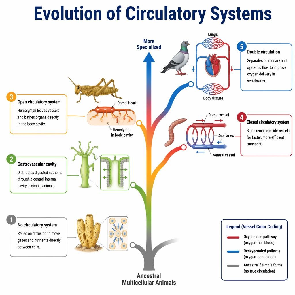 Educational evolutionary tree infographic showing circulatory systems from diffusion to double circulation with labeled nodes.
