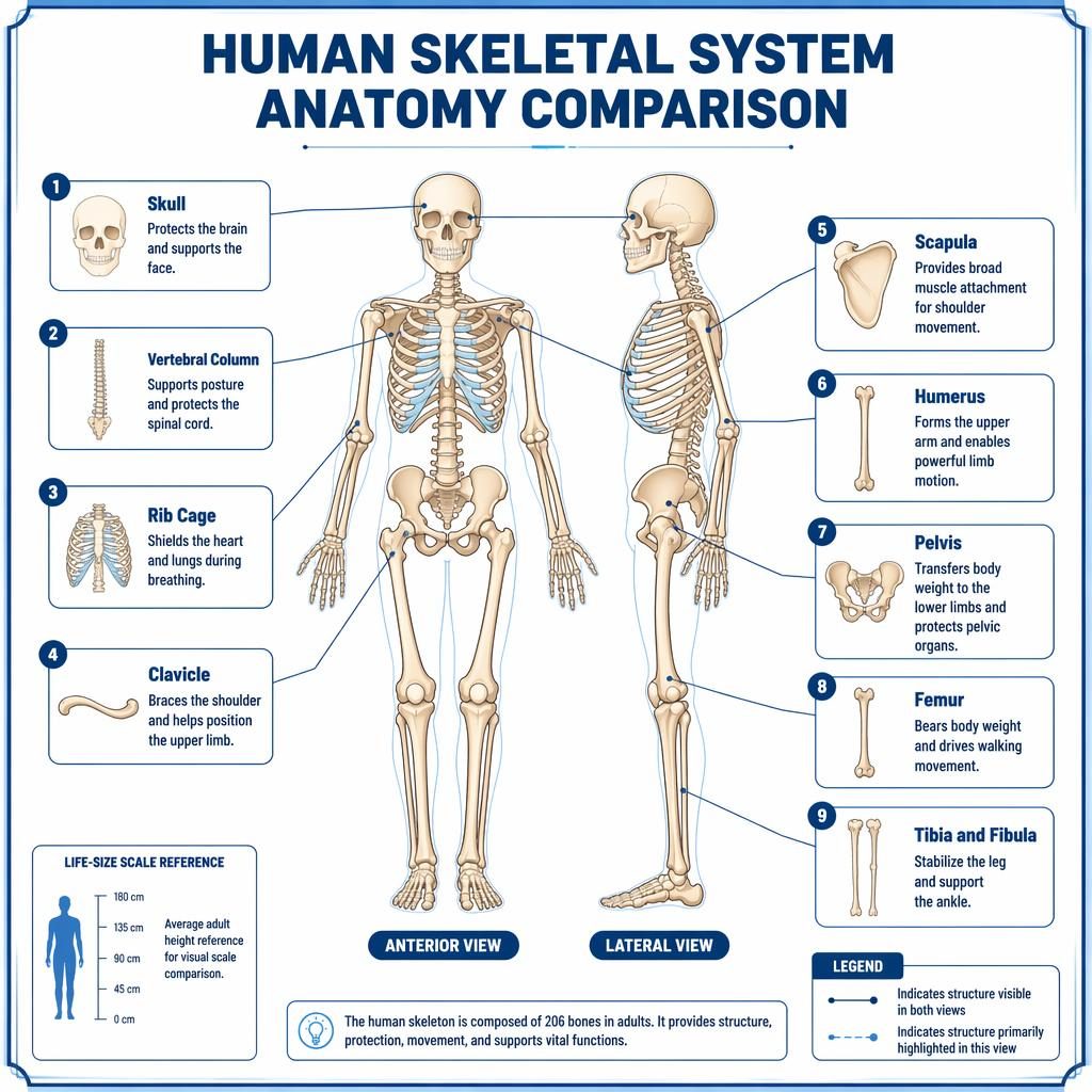 Educational infographic comparing anterior and lateral full-body human skeletons with 9 labeled anatomy parts.