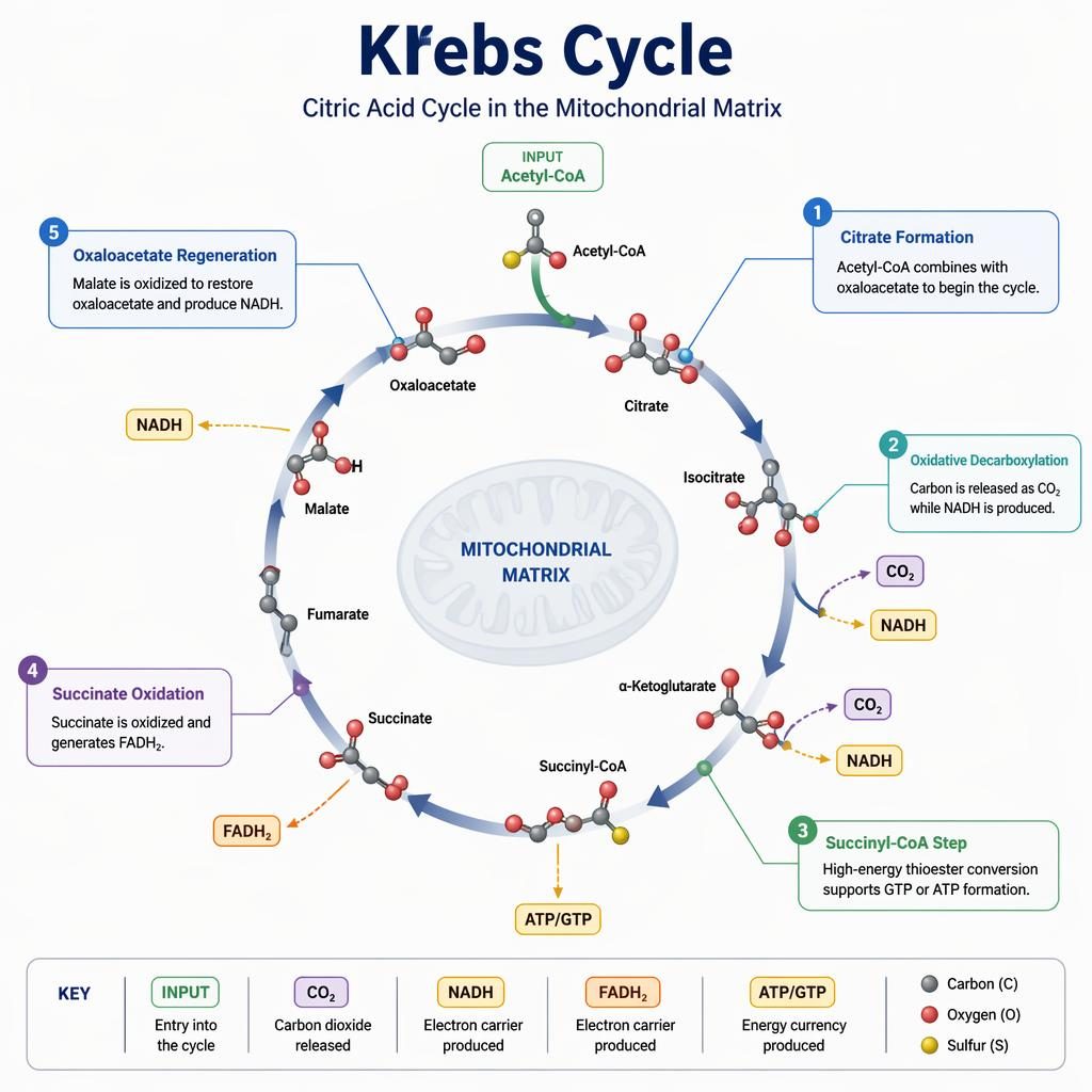 Isometric medical infographic of the Krebs cycle with circular labeled stages, arrows, and metabolic callouts on a clean pastel background.