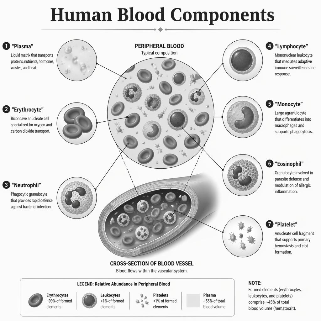 Grayscale medical infographic of human blood components with 7 labeled cells, vessel cross-section, plasma, erythrocytes, leukocytes, and platelets.
