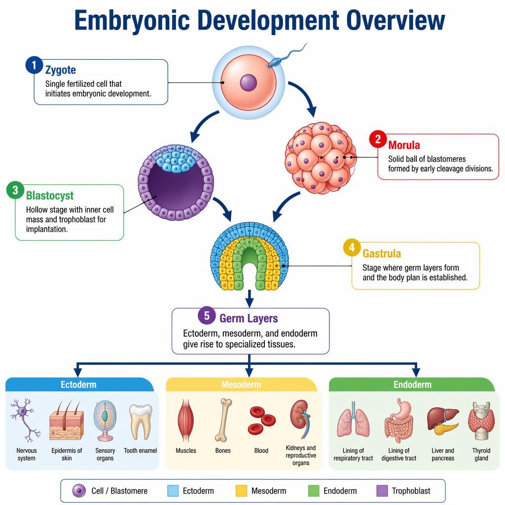 Vector biology infographic of embryonic development tree with zygote, morula, blastocyst, gastrula, and germ layers labels