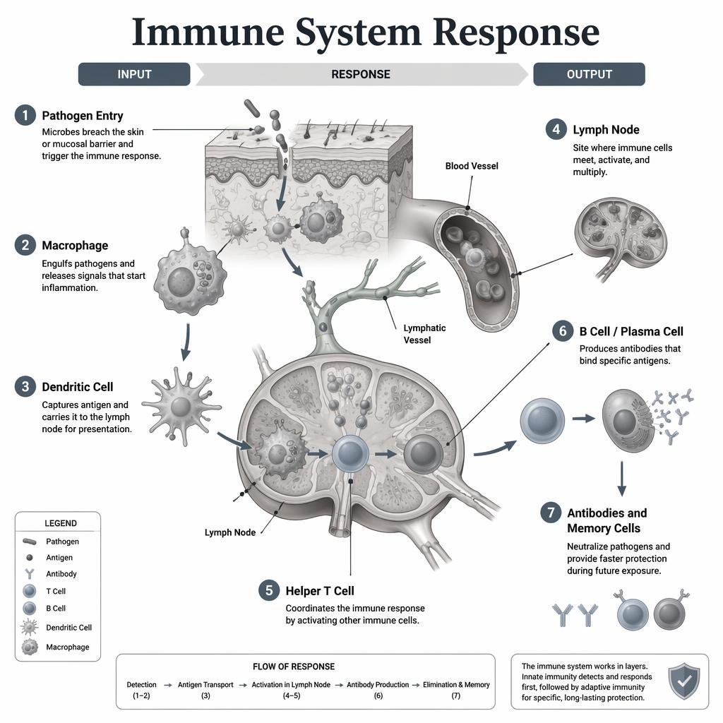 Medical infographic showing immune system response pathway with labeled cells, lymph node, vessels, and tissue entry site.
