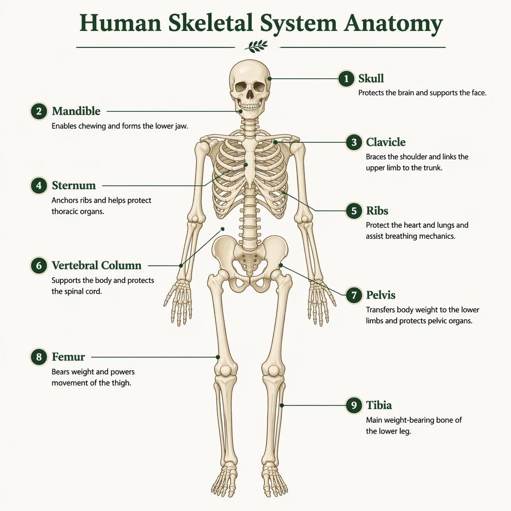 Centered anterior human skeleton infographic with 9 labeled bones, thin leader lines, and clean earth-tone anatomy styling
