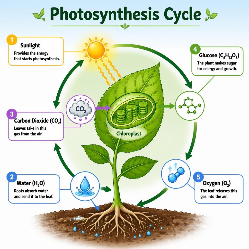 Educational photosynthesis cycle infographic with leaf, chloroplast, 5 labeled callouts, and arrows showing inputs and outputs.
