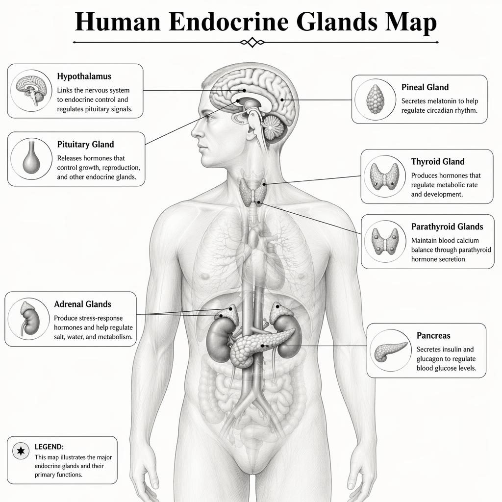 Monochrome medical infographic of the human endocrine system with 7 labeled glands and detailed labelled structure of the brain