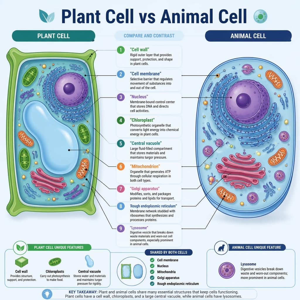 Labeled infographic comparing plant and animal cells with organelles, callouts, and clean scientific cutaway diagrams.