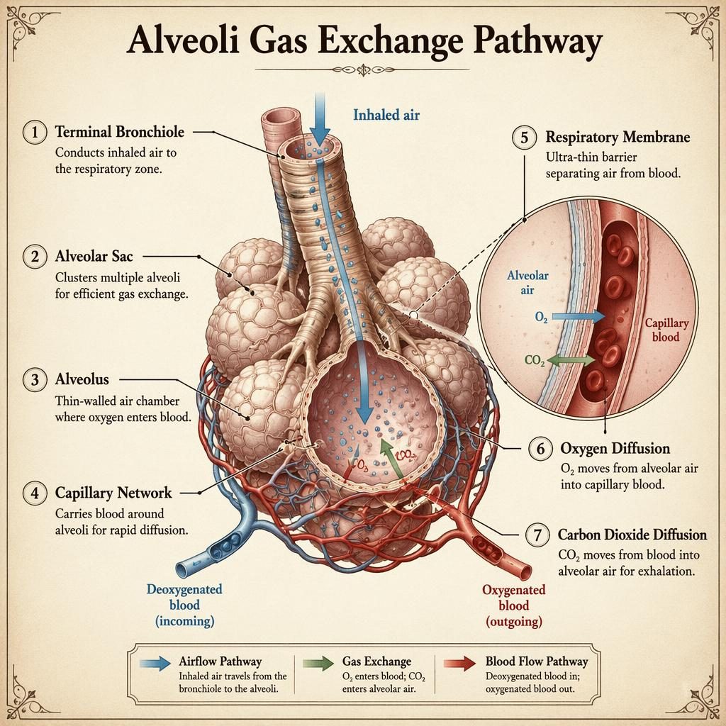 Vintage-style alveoli gas exchange infographic with labeled bronchiole, alveoli, capillaries, arrows, and blood flow.