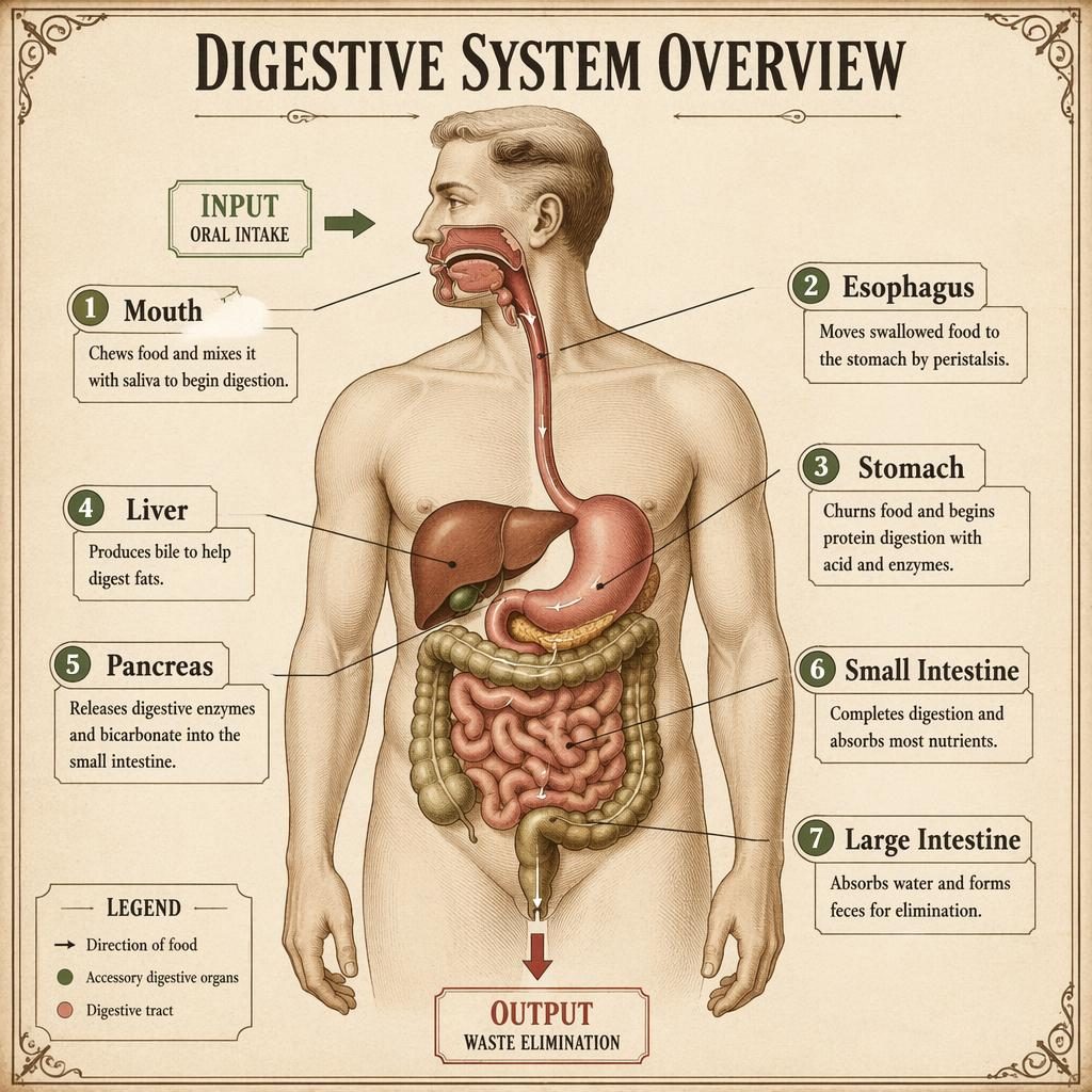Vintage-style digestive system infographic with labeled human torso, flow arrows, and 7 organ captions on aged paper.
