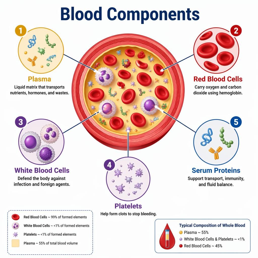 Vector biology infographic of blood components with labeled plasma, red blood cells, white blood cells, platelets, and serum proteins.