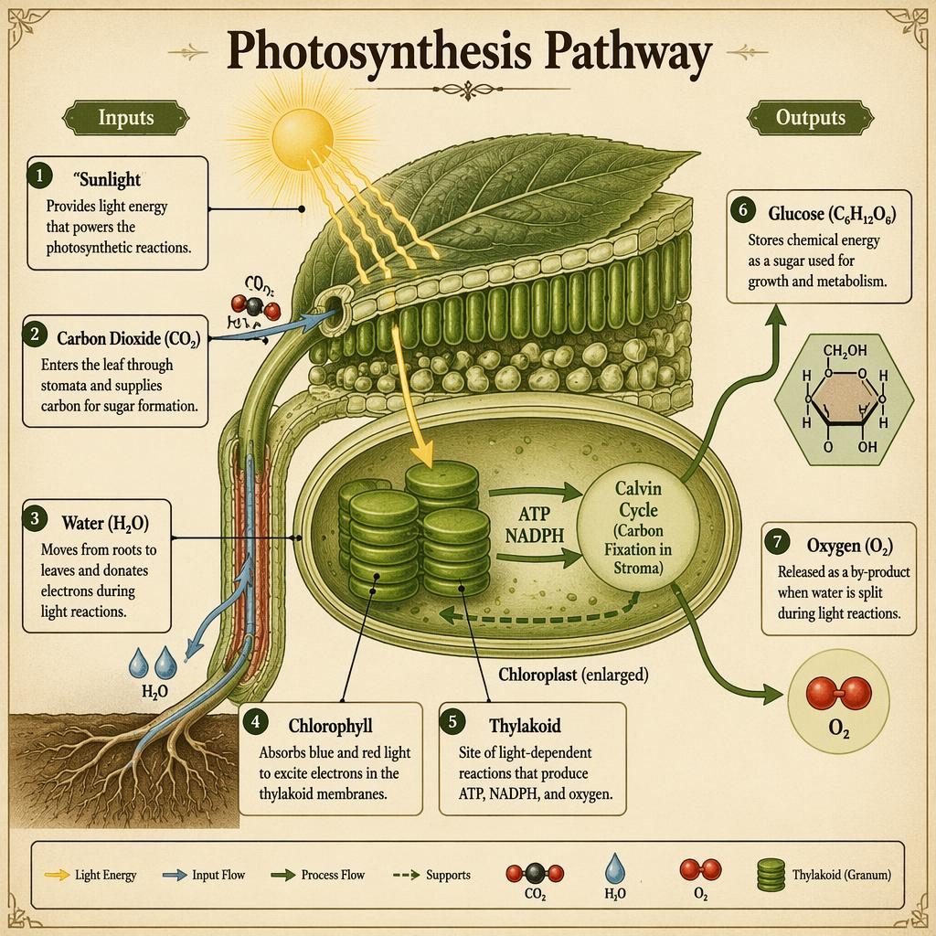 Vintage-style photosynthesis pathway infographic with labeled leaf, chloroplast cutaway, inputs, outputs, and process arrows.