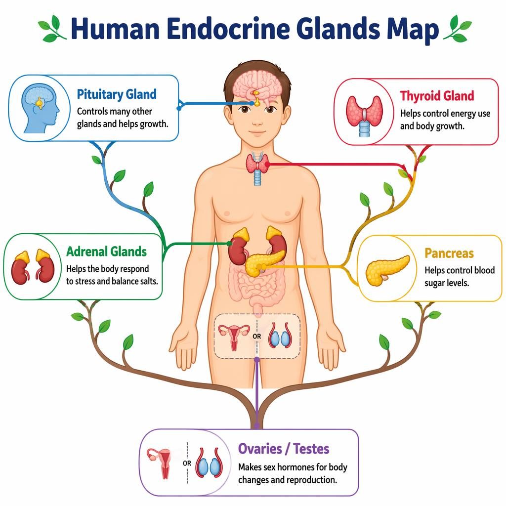 Educational vector infographic of a front-view human body with 5 labeled endocrine glands and branch-style connectors.