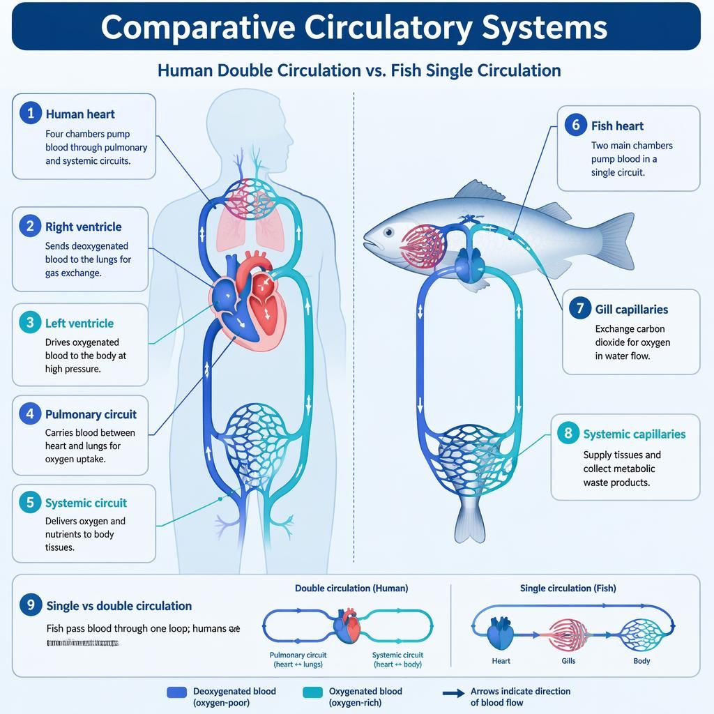 Vector infographic comparing human double circulation and fish single circulation with 9 English labels and blue flow arrows.