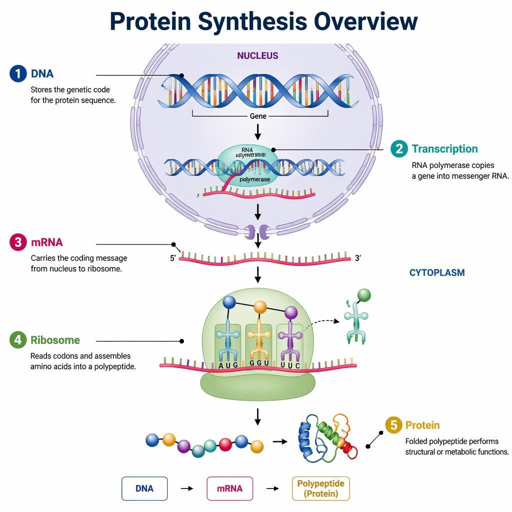 Scientific infographic of protein synthesis pathway with DNA, transcription, mRNA, ribosome, and protein labels.
