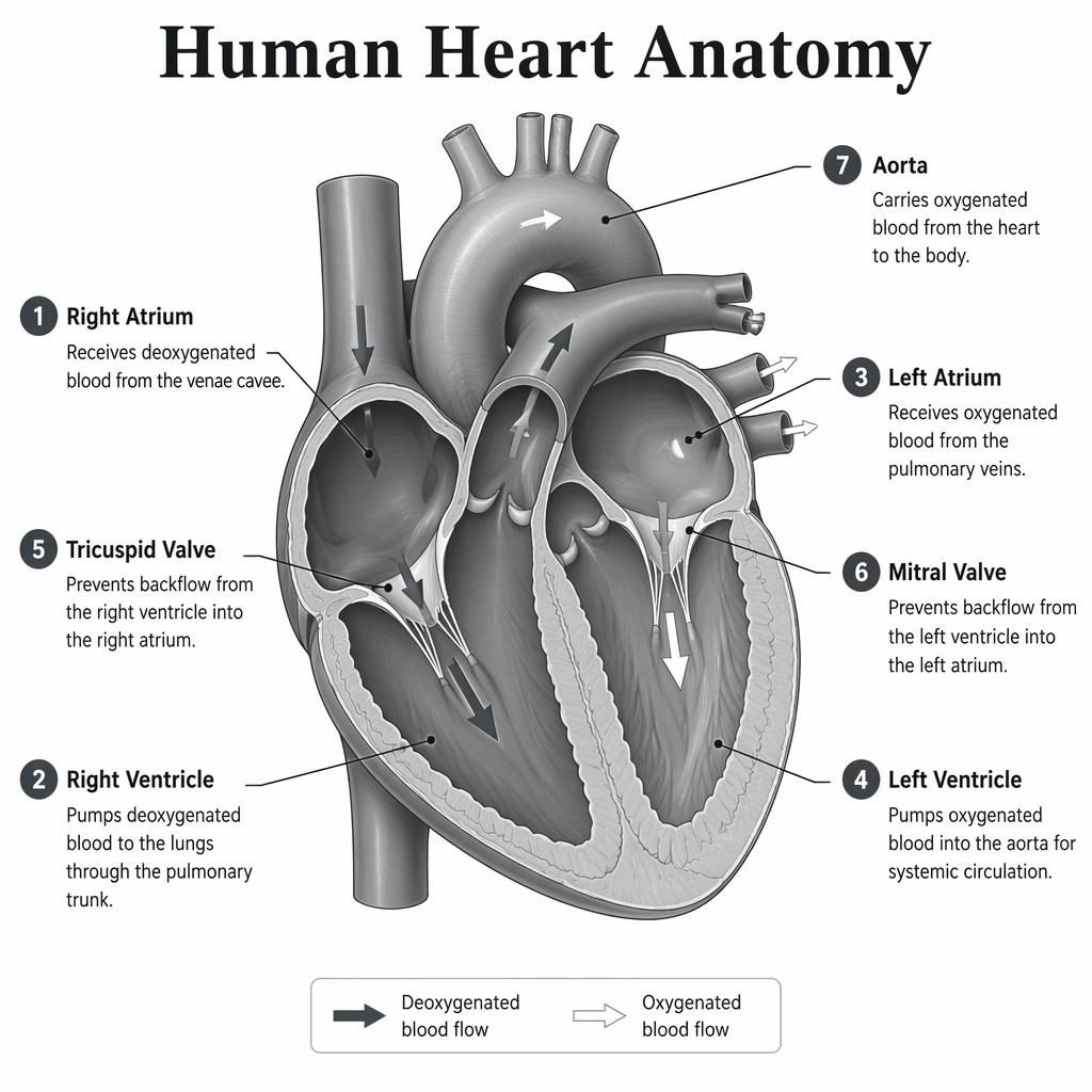 Monochrome heart diagram infographic showing a labeled cross-section of the human heart with 7 parts and flow arrows