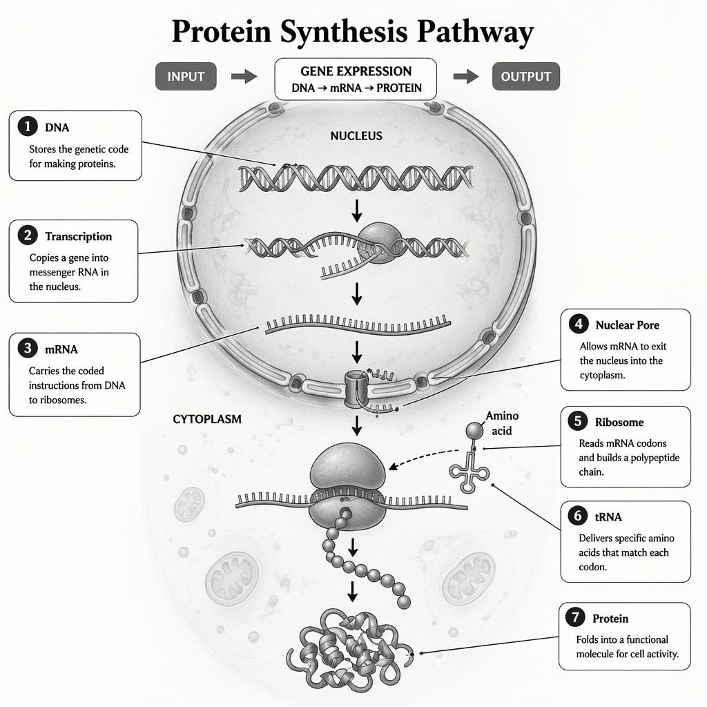 Monochrome medical infographic of protein synthesis in a human cell, with DNA to protein pathway, arrows, nucleus, ribosome, tRNA.