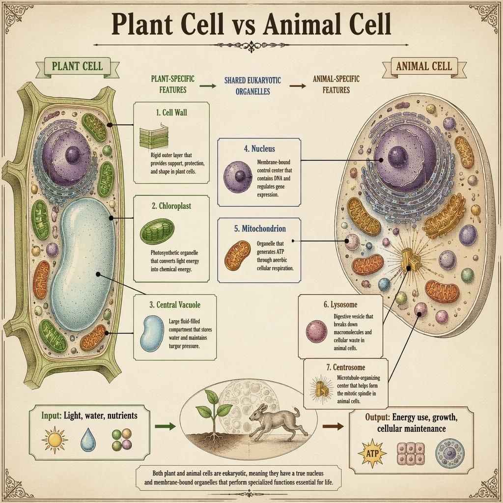 Vintage-style infographic comparing a labeled plant cell and animal cell with 7 organelles, arrows, and input-output notes.