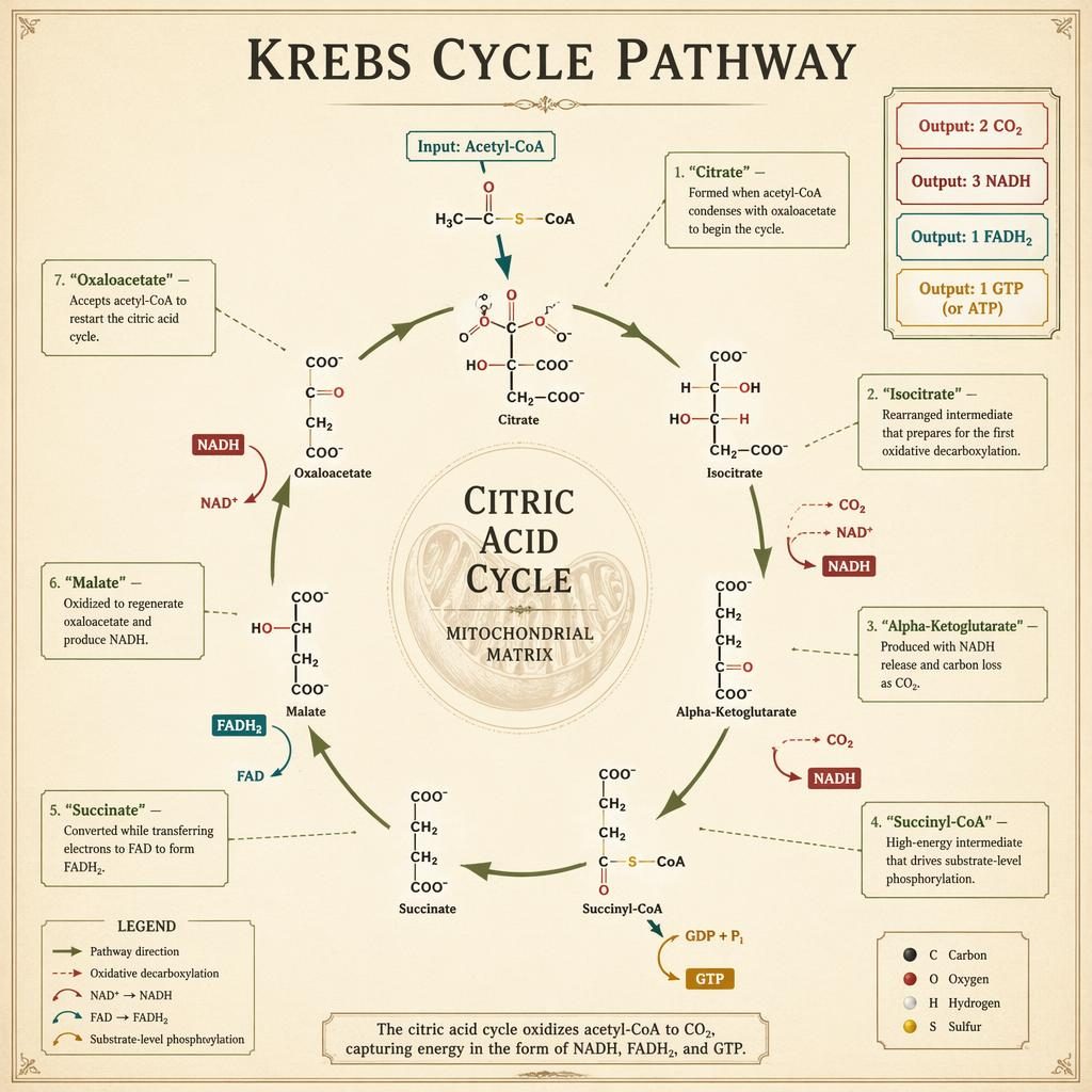 Vintage scientific plate of the Krebs cycle pathway with 7 labeled metabolites, arrows, inputs and energy outputs.