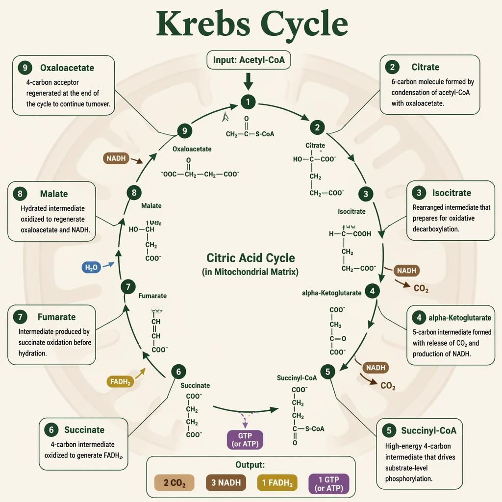 Minimal biology infographic of the Krebs cycle in a mitochondrion with 9 labeled stages, arrows, and input-output markers.