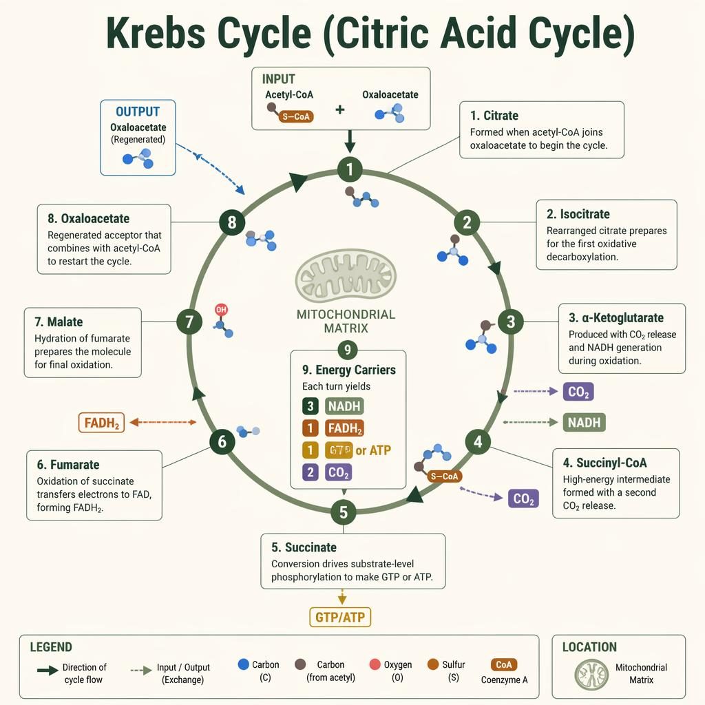 Minimal flat biology infographic showing the Krebs cycle as a labeled circular pathway inside a mitochondrion silhouette.