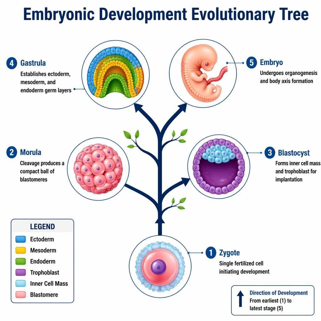 Educational infographic showing zygote, morula, blastocyst, gastrula, and embryo in a labeled developmental tree.