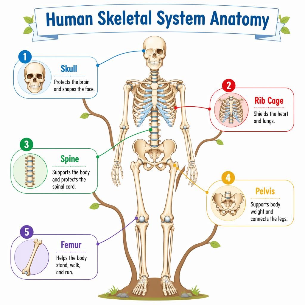 Educational human skeletal system anatomy infographic with full-body skeleton, five labeled parts, and colorful branch layout.