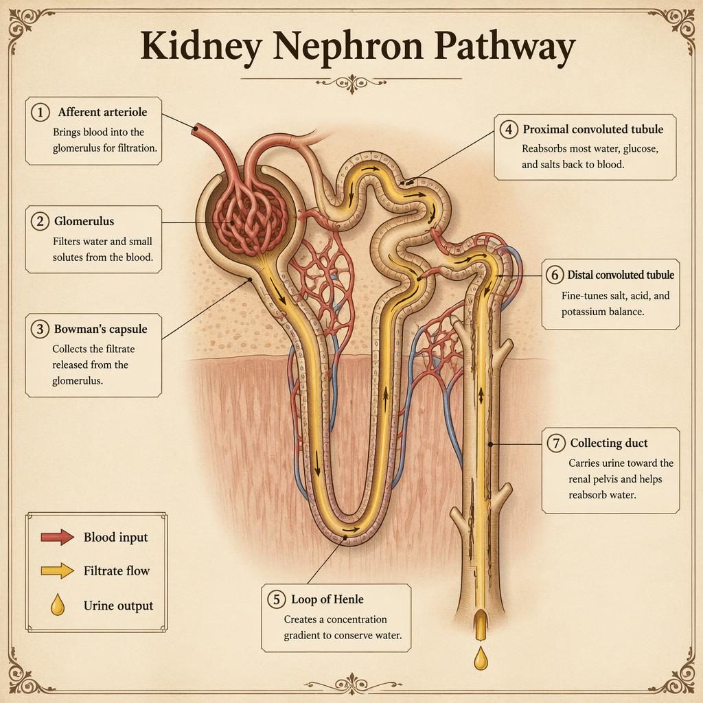 Vintage-style biological infographic of a human kidney nephron pathway with 7 labeled parts, arrows, and English captions.