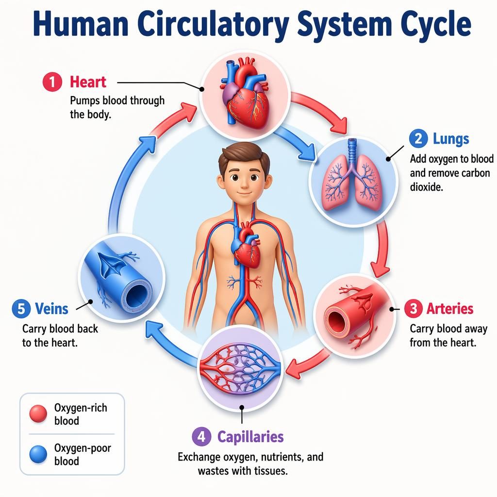 Isometric pastel infographic of the human circulatory system cycle with labeled heart, lungs, arteries, capillaries, and veins.