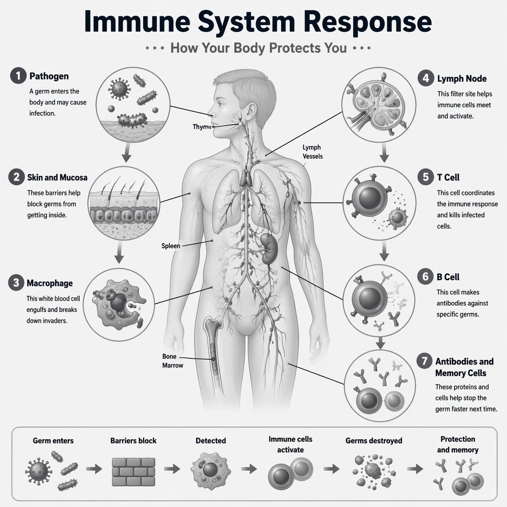 Monochrome immune system infographic with human body silhouette, labeled cells, arrows, and kid-friendly pathway diagram.